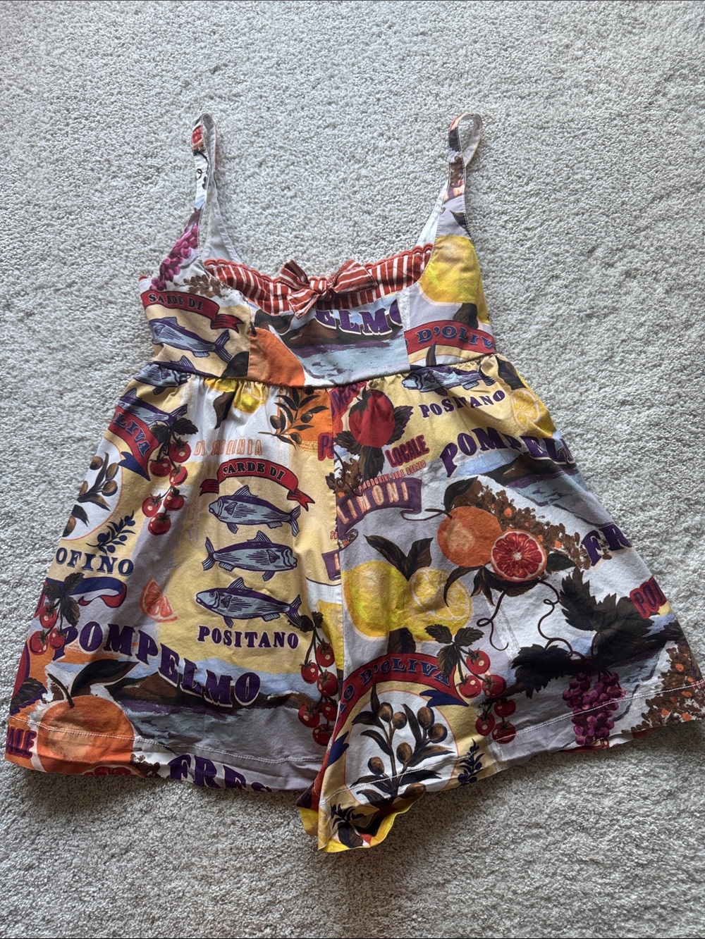 Maeve Multicolor Fruit & Fish Print Romper - Yellow, Orange, Red, Purple